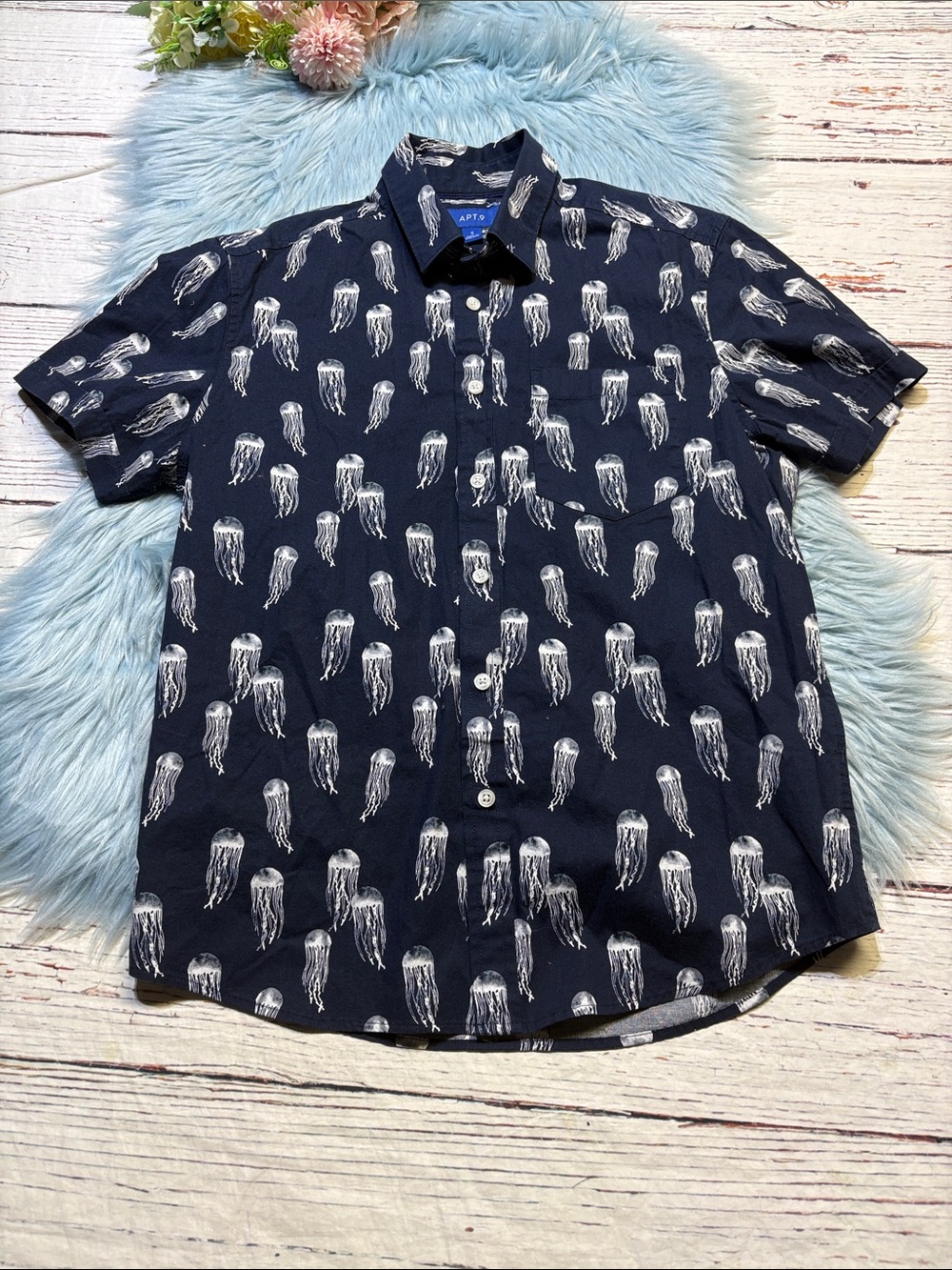 Apt. 9 Navy Short-Sleeve Button-Up with White Jellyfish Print Sz S